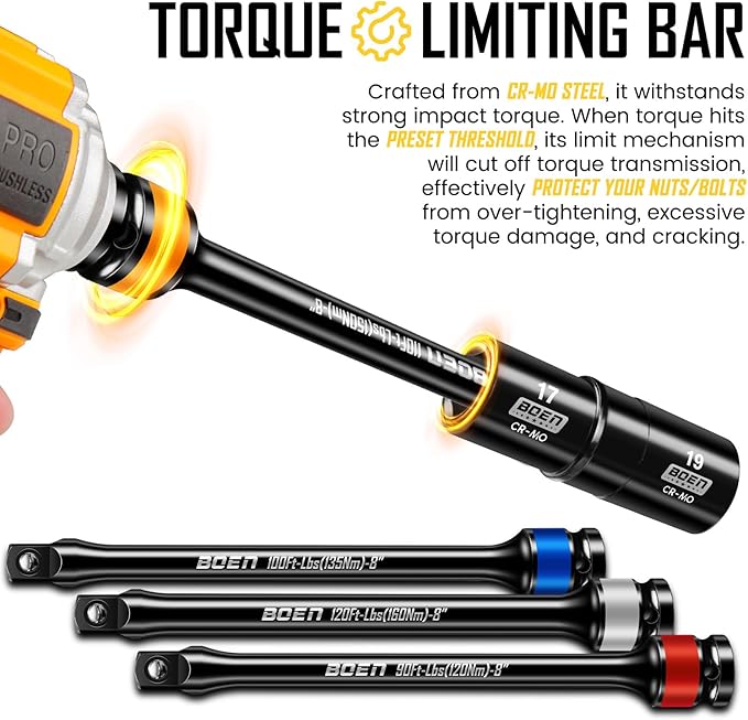 boen 9PCS 1/2" Drive Impact Torque Limiting Extension Bar And Flip Lug Nut Socket Set, 90 to 120 Ft-Lbs (120-160Nm), 8" Length Torque Sticks, Metric & SAE Double-Sided Sockets, Cr-Mo Impact Grade