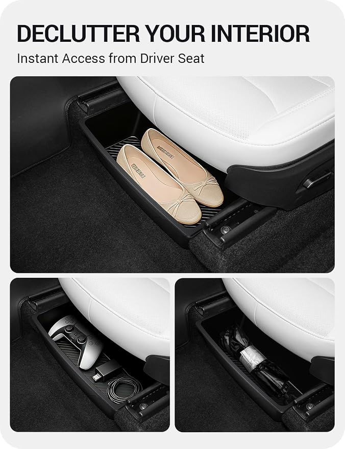 BASENOR 2PCS 2026 Tesla Model Y Juniper Under Seat Storage Box, Hidden Organizer Tray [No-Slip] with Dust Lid, Underseat Storage for 2025 2026 Model Y Juniper