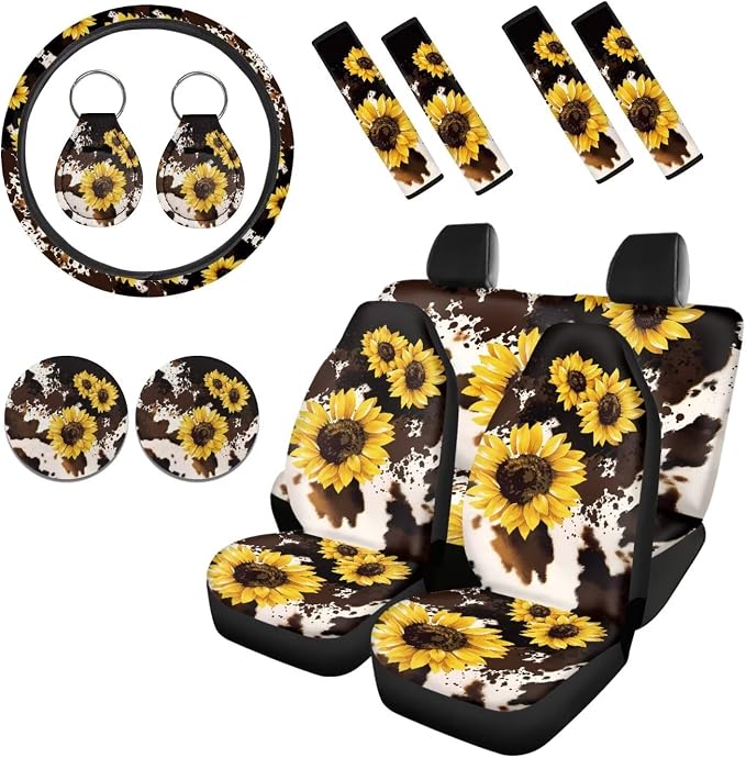 Howilath Cows Sunflowers Print Car Seat Cushion Cover with Steering Wheel Protector/Seat Belt Shoulder Pads/Keychains/Coasters Universal Fit Interior Accessories Fit Most Vehicle - 13 Piece