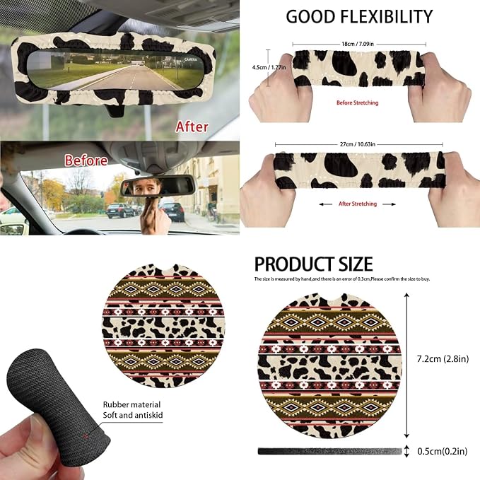 Desert Tribal Boho Car Accessories Car Seats Cover Protector, Steering Wheel Covers, Seatbelt Cover, Car Trash Can, Cup Coasters, Rearview Mirror Cover, Keychains, Pack of 15
