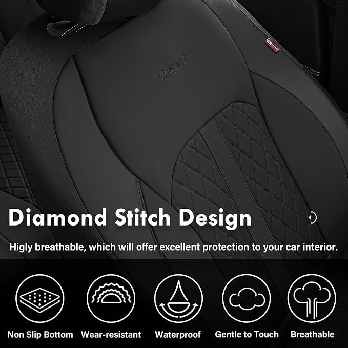 Coverado Universal Leather Seat Covers Front Seats, 2-Pack Seat Covers for SUV, Pickup Truck, Sedan, Automotive Vehicle Interior, Waterproof and Durable All Weather Protector，Black