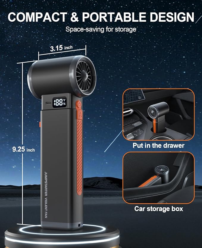 6000A Car Battery Jump Starter Portable Jumper Box Combo Compressed Air Duster & Vacuum Cleaner Function, 12V Battery Charger Booster Power Pack with Turbo Fan(Deep Gray)