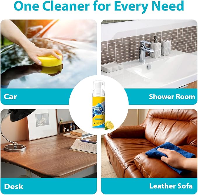 4-in-1 Multi-Enzyme Foam Cleaner,2PCS New Foam No-Rinse Cleaner,All Purpose Cleaning Foam for Car Interior, Home Kitchen, Bathroom,Multi-Surface Stain Remover with Cleaning Sponge & Towel