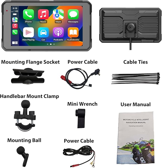 Sunweyer 5" Portable Motorcycle Touchscreen with Wireless CarPlay & Android Auto, TPMS, Wireless GPS Navigation, Dual Bluetooth, IP68 Waterproof, Easy Installation (W16)