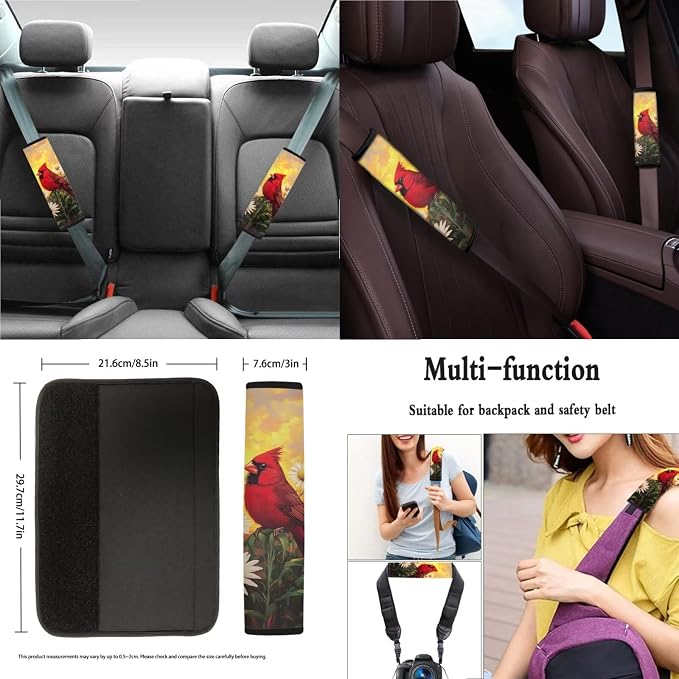 Suobstales Cardinal Daisy Flower Print Car Seat Covers 11 Pcs Car Accessories Interior Set Auto Front Rear Split Seats Protectors with Steering Wheel Cover, Seatbelt Pads, Cup Holder, Keychain