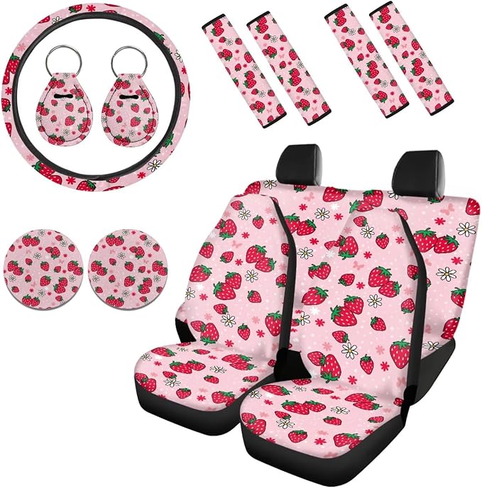Howilath Strawberries Print Car Seat Cover Full Set with Steering Wheel Pads/Seat Belt Cushion/Keychains/Cup 13 Piece Auto Accessories Universal Fit All Seasons