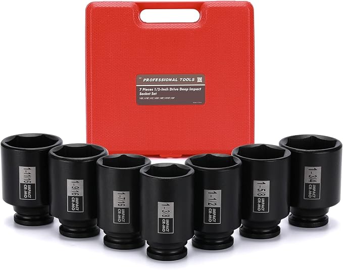 Mayouko 1/2" Drive SAE Deep Spindle Axle Nut Impact Socket Set, 1-3/8" -2", CR-MO, 6 Point