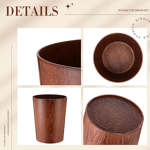 Threehoney 2 Pack 2.3 Gallons Wood Trash Can Wastebasket Natural Wood Round Wastebasket Small Trash Bin for Home, Office Under Desk, Kitchen, Bedroom, Hotel, Room(Dark Brown,Flat)