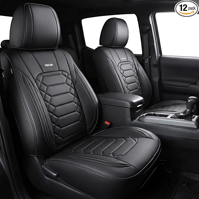 FREESOO Tacoma 2016-2023 Seat Covers Custom Fit for Toyota Tacoma Double Crew Cab Faux Leather Full Set Pickup Truck Seat Covers (Full Set, Black)