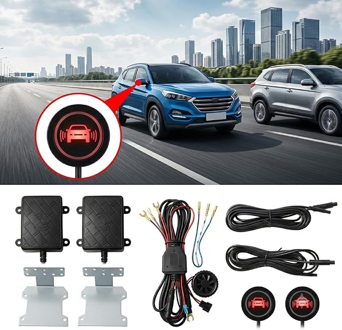 24ghz Microwave Radar Blind Spot Detection System Kit Compatible with 12V Universal Cars, SUVs; Monitors Rear Blind Zones to Deliver LED Buzzer Alerts for Lane Change Assist Kit