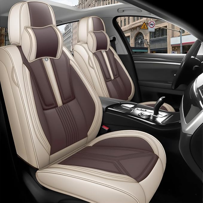 Arazi Fit for 98% of Mazda Seat Covers, 360° Full Wrap Original Seat Cover, Waterproof Nappa Leather Seat Covers with Big Space Storage Pocket Seat Protector（2 Seats Luxury, Beige&Brown）
