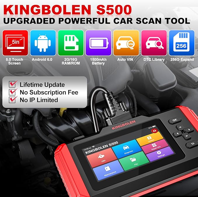 KINGBOLEN OBD2 Scanner S500 Car Scanner, Lifetime NO Cost Update Diagnostic Scan Tool with 6 Reset,Oil/Brake/SAS/Throttle/Inject/ABS Reset, Engine ABS SRS Transmission OBD2 Code Reader, Battery Test