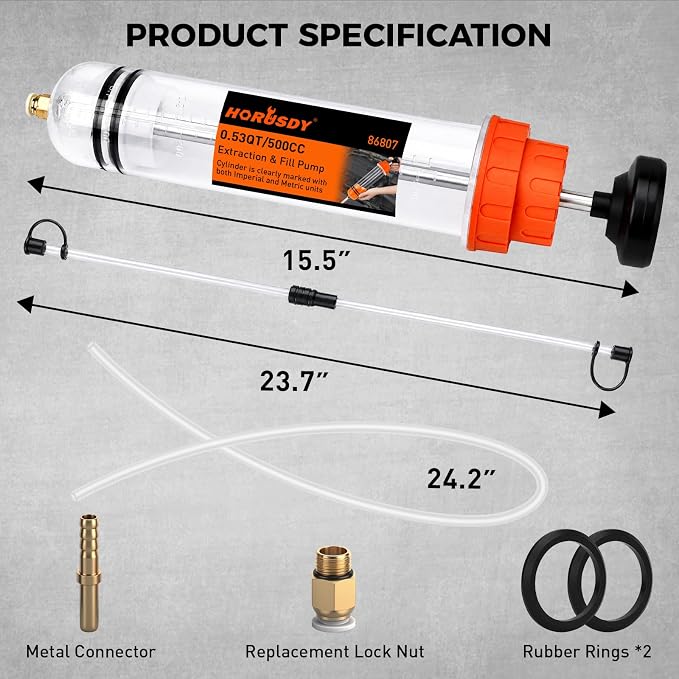 500CC Fluid Extractor and Fill Pump, Manual Oil Syringe Suction Pump with Long Hose and Extension Tubes, Automotive Fluid Transfer Pump for Oil, Brake Fluid, Coolant, Gear Oil, Cars, Boats, Lawn Mower