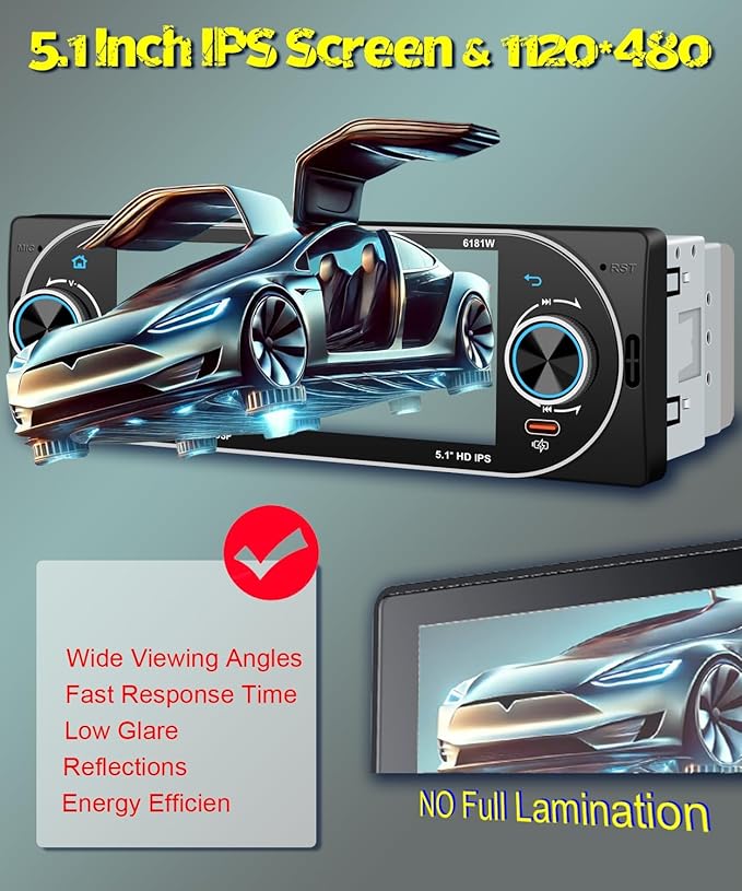 5.1" Single Din Car Stereo Wireless Apple CarPlay Android Auto, IPS Touchscreen Car Radio Bluetooth 5.2, FM/AM/RDS, USB Type-C Fast Charging, 4×45W Car Audio, Backup Camera, Fits Most Single DIN Cars