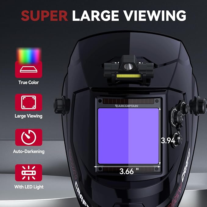 ARCCAPTAIN Large View 3.94" x 3.66" True Color Auto Darkening Welding Helmet with Light, Solar Powered Welding Hood, 4 Arc Sensor Wide Shade 4/5-9/9-13 for Stick MIG TIG Cut,Glossy Black