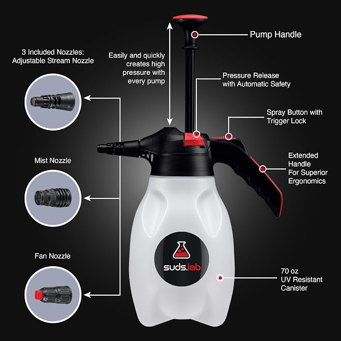Suds Lab F5 Foam Master - Triple-Action Pump Foam Sprayer with 3 Nozzles, Cordless Hand Pump Bottle for Car Wash & Versatile Use - 70 Oz. Portable Detailing Atomizer