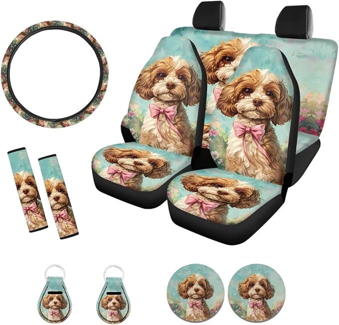 Xoenoiee Poodle Dog Floral Print 11 Pack Car Accessories Interior Seat Cover Full Set, Front Seat Cover, Back Seat Cover, Steering Wheel Cover, Seat Belt Pads, Coasters, Key Chains