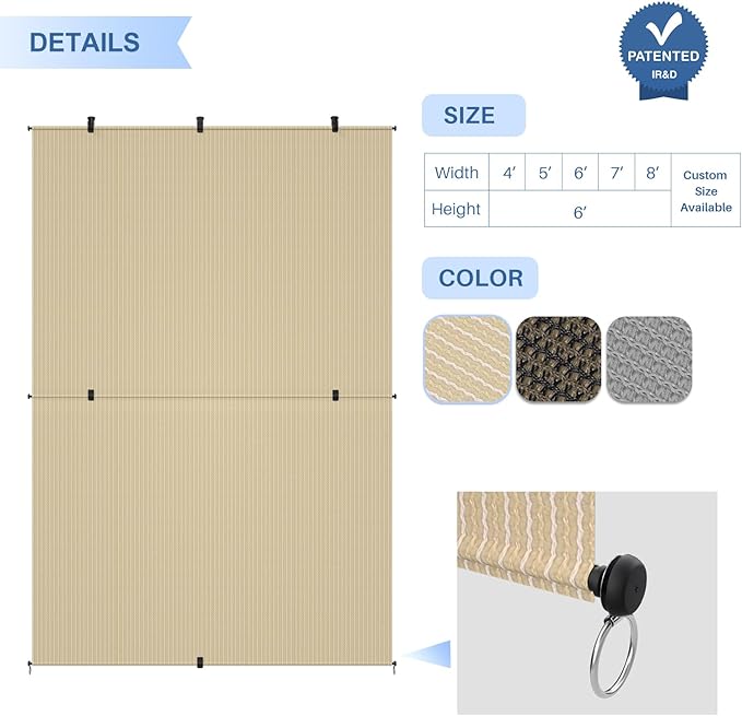 E&K Sunrise 5'W x 7'H Outdoor Roller Shades Patio Cordless Roll Up Blinds Foldable Sun Shade UV Block Exterior Sun Screen for Outside Porch Backyard Deck Pergola (Beige)