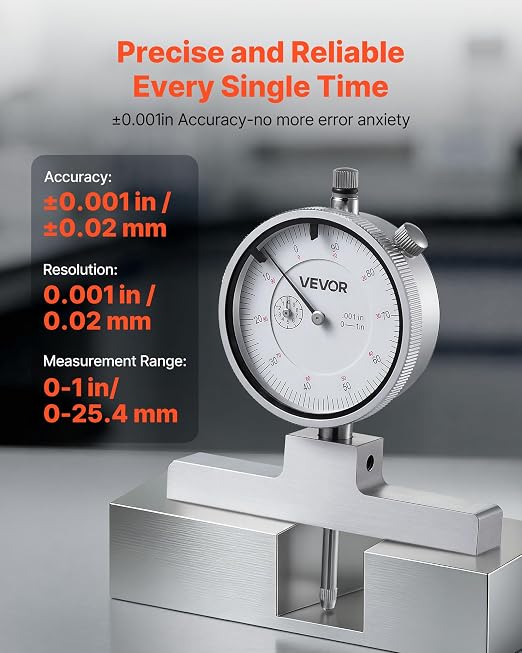 VEVOR Depth Gauge, Depth Micrometer 0-22 inch Measuring Range, 0.001" Resolution, with 4 Anvils & 6 Standard Rods, Precision Easy to Read Mechanical Tool for Measuring Groove, Step, Hole