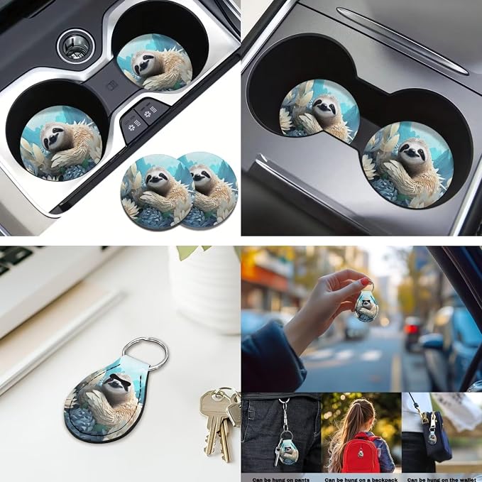 Funny Sloth 12 Pack Car Seat Covers Full Set with Steering Wheel Accessories Car Seat Belt Cover Arm Rest Cover Car Cup Coasters Universal Fit for Most Cars,SUVs