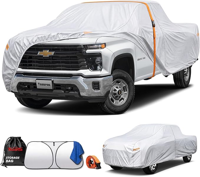 Car Cover Waterproof All-Weather,Heavy-Duty Outdoor Full Exterior Automobiles Truck(Length 251-262 inch) with Windshield Sun Shade Universal Fit RAM 2500 3500, Silverado 1500 2500 3500 etc