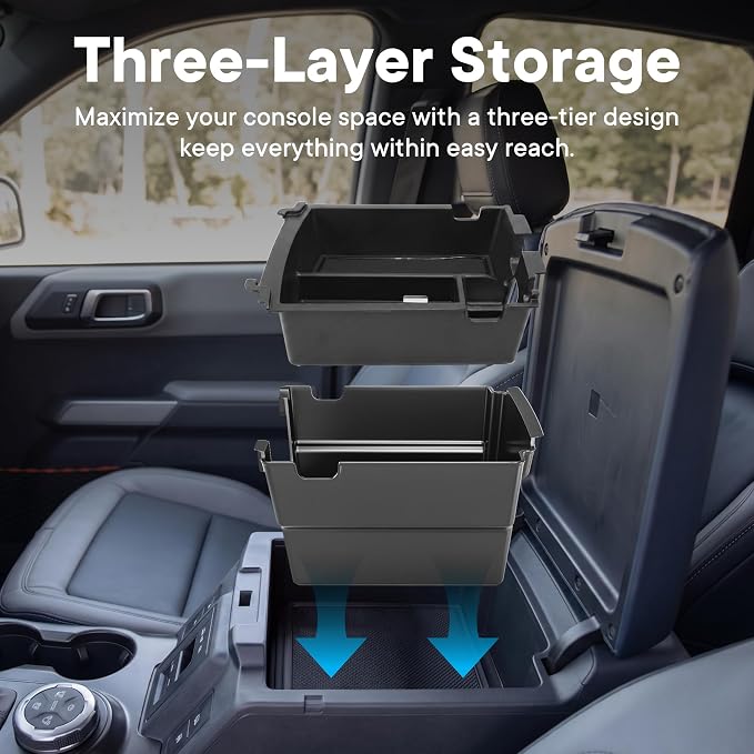 Center Console Organizer Fit for Ford Bronco 2025-2026 | 2PCS full size center console organizer tray, fit for 4-Door, armrest storage box set, anti-slip interior accessory