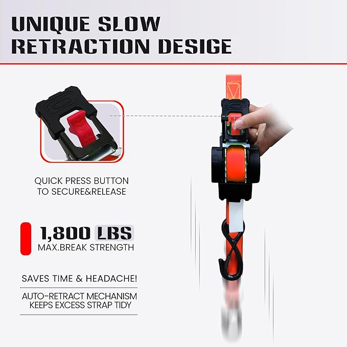 Retractable Ratchet Straps (4-Pack) - Heavy Duty Auto Slow Retraction Tie Down Straps - 1 Inch x 13 Feet (1,800lb Break Strength) for Truck, Cargo Trailer, Motorcycle, ATV, UTV - Red
