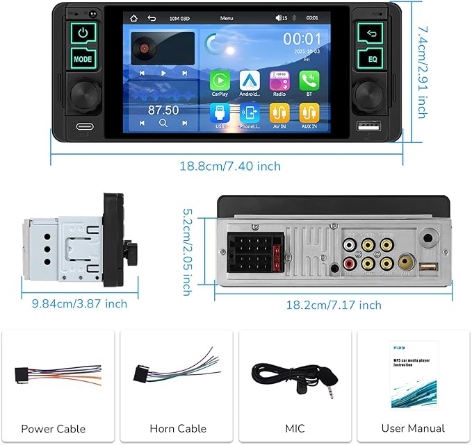 Single Din Radio Car Stereo with Wireless and Wired CarPlay & Android Auto 5.1" with Bluetooth 5.2 Car Audio Receiver AM&FM, EQ, TF, AUX＆USB, Fast Charging, AHD Backup Camera MIC