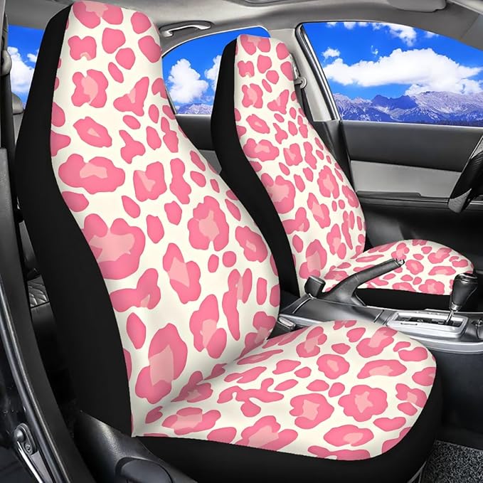 Pink Leopard Print Car Seat Covers Set of 11 Car Front Seat Cover Steering Wheel Cover Rear View Mirror Cover Cup Coasters Wristlet Keychain for Most Cars, SUVs