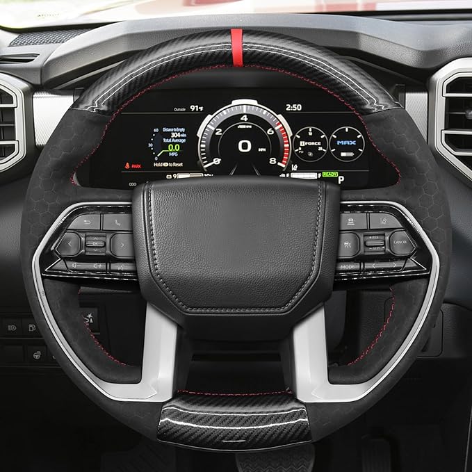 MEWANT Steering Wheel Cover Compatible with Toyota Tacoma 2024 / Tundra 2022-2024 / Sequoia 2023-2024 Hand-Stitched Carbon Fiber&Suede Steering Wheel Wrap