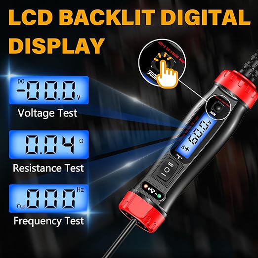 Power Circuit Probe Tester, 5-60V DC LCD Digital Automotive Test Light, Auto Voltage Tester with Voltmeter&Illumination, Car Fuse Relay Component Continuity Frequence Electrical Test Tool