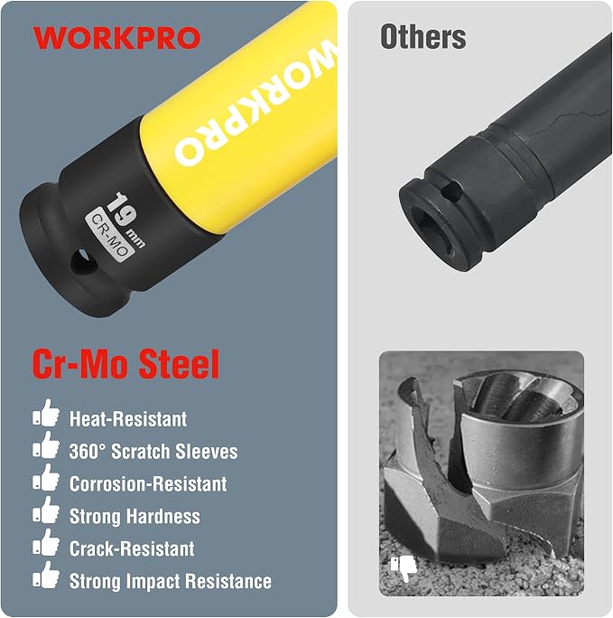 WORKPRO 18-Piece Impact Socket Extension Set,1/2" Drive Lug Nut Socket Set,Includes Socket Adapters, Ratchet Extension Set,Non-Marring Lug Nut Wheel Socket Set