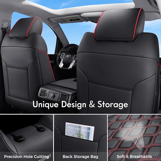 Huidasource Custom Fit Tundra Front Seat Covers, Waterproof Seat Cushion Fit for 2014-2021 Toyota Tundra CrewMax Pickup Truck (Front Pair/Black & Red)