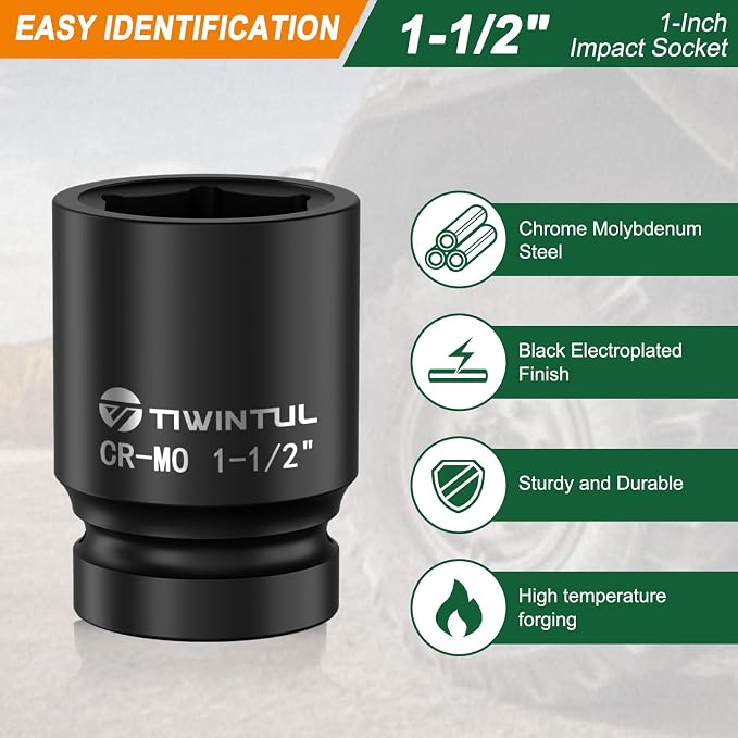 1-1/2" Impact Socket 1" Drive, 6 Point Design CR-MO Axle Nut Socket ANSI Certified Heavy Duty Socket 1 Inch Drive for Truck Wheel Hub Trailer Construction & Industrial Equipment