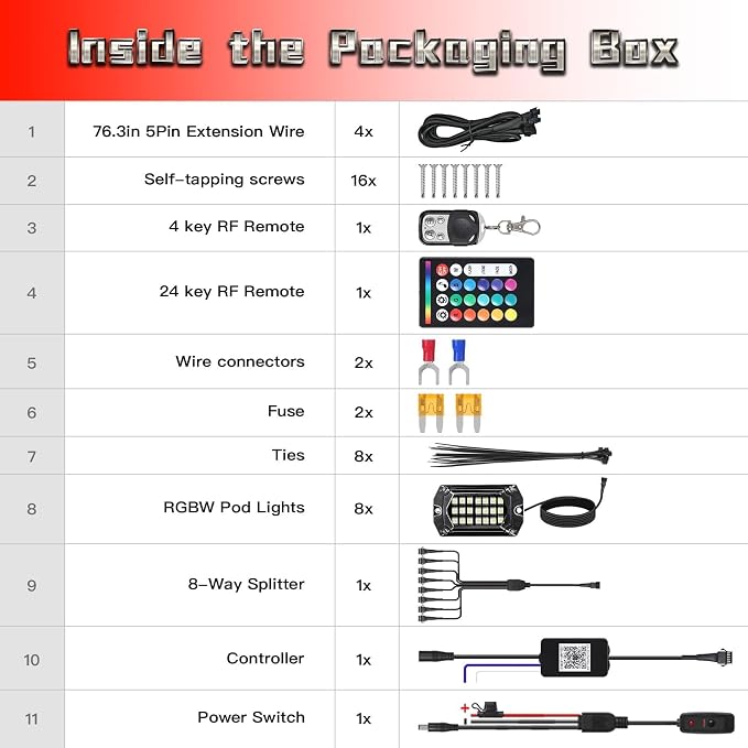 20 Pods Full Angle 230° RGBW LED Rock Lights, 6500K Pure Bright White RGB Rock Light IP68 Waterproof Multicolor Underbody Glow Kit for Semi Truck UTV Rv Boat 12V with Brake Music Sync APP/RF Control