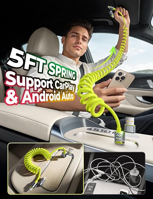Coiled Green Cable 4-in-1 USB C Cable 240W Compatible with Lightning Cable Fast Charging & Data Transfer, Support to CarPlay & Android Auto, 5FT Multi Cord Combo Charger for iPhone/iPad
