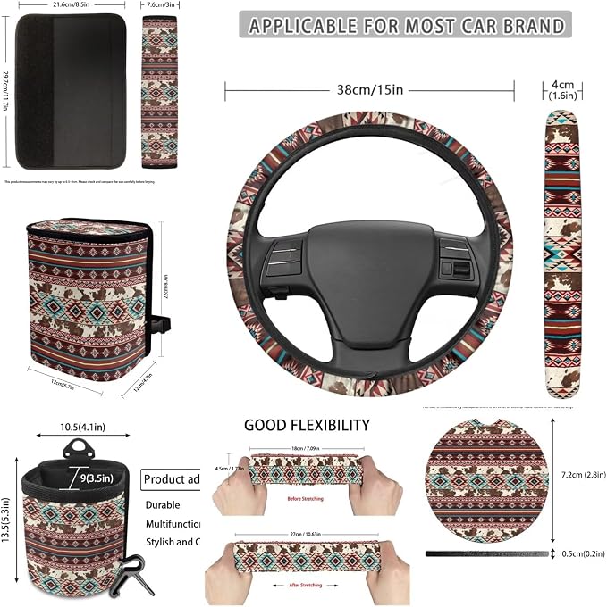 Dreaweet Aztec Brown Cow Seat Covers for Cars Full Set Native American Tribal Car Accessories Steering Wheel Cover Seat Belt Pads Coasters Trash Bag Air Vent Storage Bag Rearview Mirror Cover Keychain