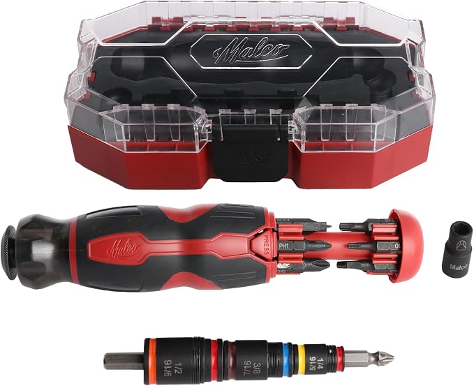 Malco KITFB2 C-RHEX 7-in-1 Flip Bit Socket Set with Premium Grip Storage Handle & Case – 6 Cleanable Reversible Hex Sizes (1/4"-9/16"), 12 Impact-Rated Bits, Insert Bit Socket