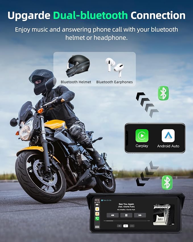 8.1" 4K Motorcycle CarPlay Screen w 4K Dash Cam Wireless Carplay Android Auto Screen for Motorcycle with GPS Navigation Voice Control WiFi Video Dual Bluetooth IPX7 Waterproof Wired Control