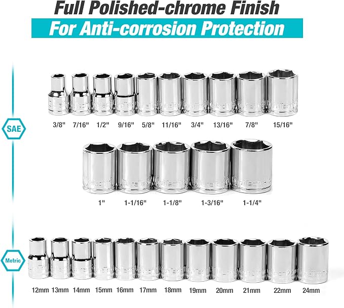 DURATECH 1/2" Drive Socket Set, 33-piece, Including Metric/SAE Sockets, 1/2-Inch Ratchet, Breaker Bar and Socket Adapters