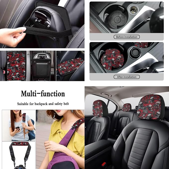 Skull Skeleton Print Car Seat Cover Full Set with Steering Wheel Covers Auto Seat Belt Pads Car Armrest Pad Car Rear View Mirror Protector Universal Fits, 15 Pack, Red