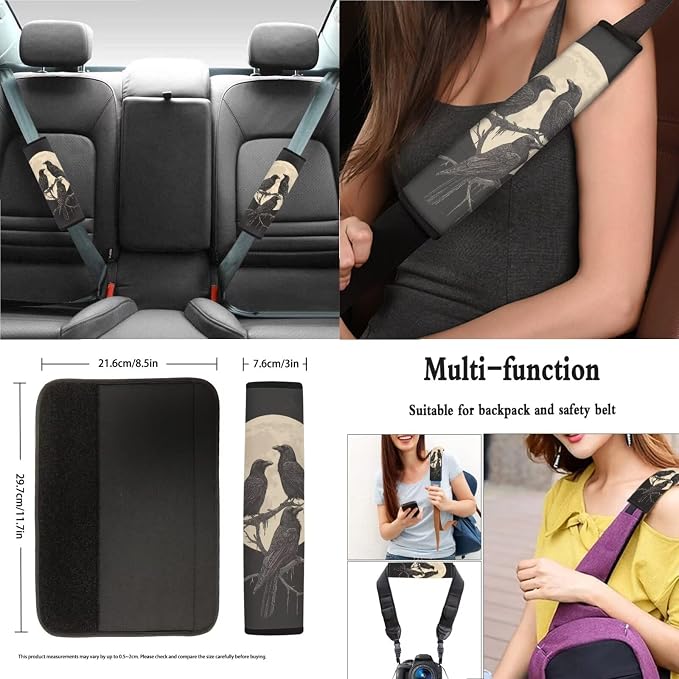 Crow Moon Pattern 13 Pieces Car Interior Accessories, Stretchy Auto Seat Covers Set of 4, 1 Piece Steering Wheel Cover, Breathable Safe Belt Pads Set of 4, 4PCS Cup Coasters