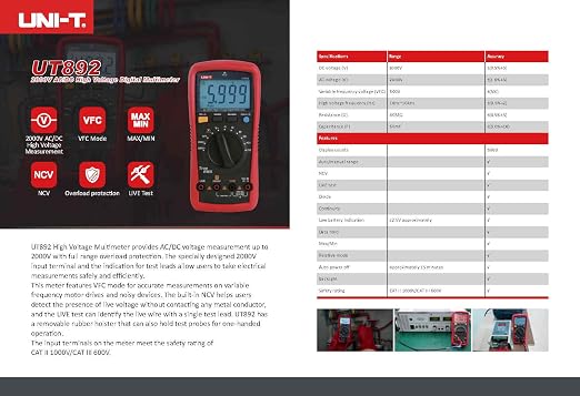 UNI-T UT892 2000V AC/DC High Voltage Digital Multimeter Features VFC Mode Built-in NCV 6000 Counts True RMS