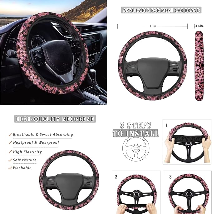 Suobstales Cherry Blossoms Car Front Back Bench Bucket Seat Protectors Full Set for Women Floral Steering Wheel Cover +Seat Belt Cover+ Flower Print Cup Holder Coaster+ Keychain
