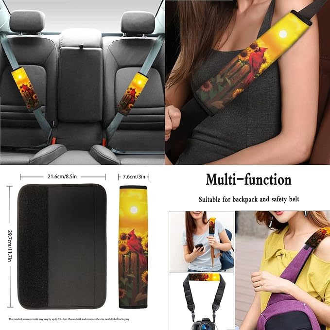 Cardinal Sunflower Print Car Seat Covers Full Set, 13 PCS Auto Accessories with Soft Steering Wheel Cover, Seat Belt Shoulder Pads, Coasters for Most Cars