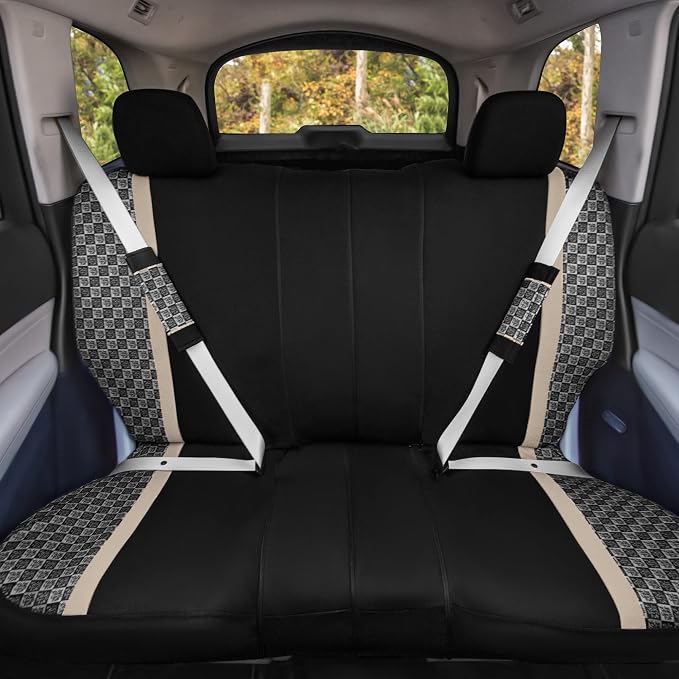 We Are Young Life is Fun™ Checker Car Seat Covers Universal Fit Interior Accessories Full Set Beige Seat Cover Combo Steering Wheel Cover and Seat Belt Pads, Airbag and Split Rear Car Seat Covers