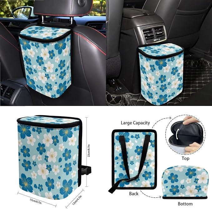 White Blue Cherry Blossom Pattern Car Seat Covers 15Pcs Full Set Car Steering Wheel Cover Seat Belt Cover Trash Bin Air Vent Storage Box Rear View Mirror Car Cup Holder Keychain