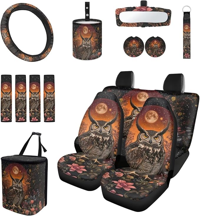 Moon Owl Car Seat Covers Full Set 15 Pcs Universal Seat Covers Front and Back with Steering Wheel Cover Seat Belt Pad Trash Bag Rearview Mirror Cover Car Coasters Keychain