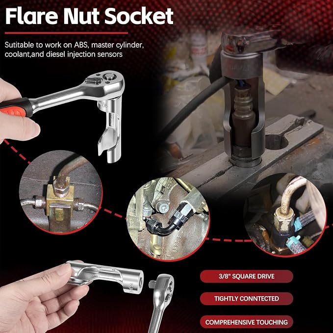 12030 Flare Nut Socket Set, 10pc, 10-19 mm 3/8" Drive Diesel Injector Fuel Line Socket Wrench Set for Fastener on Wired Temperature Sensors, Thermo Switches, ABS Tube, Master Cylinder, Coolant, etc