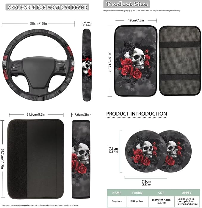 Bulopur Gothic Skull Red Rose Automotive Seat Covers Front and Rear with Car Steering Wheel Cover Armrest Cushion Pad Headrest Covers Seat Belt Pads Auto Interior Accessories Set 14 Pack